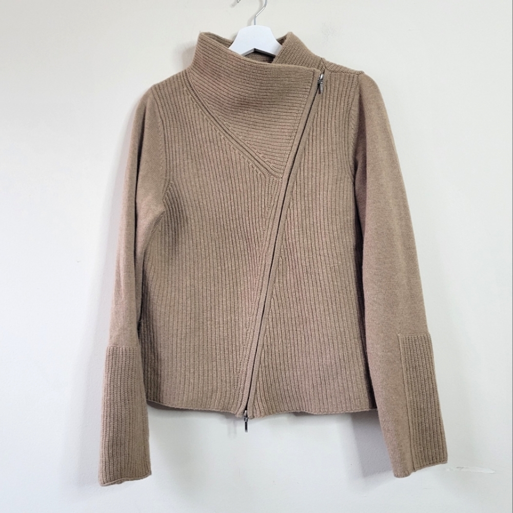 Forte Cashmere Women's Tan Moto Style Zip Front Wool Cashmere Sweater XL